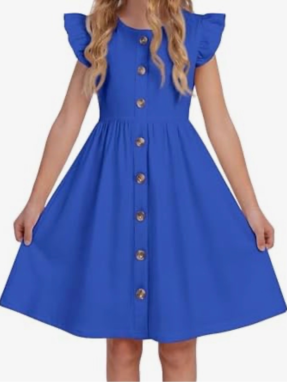 Girls' Bright Blue Button-Front Flutter Sleeve Dress